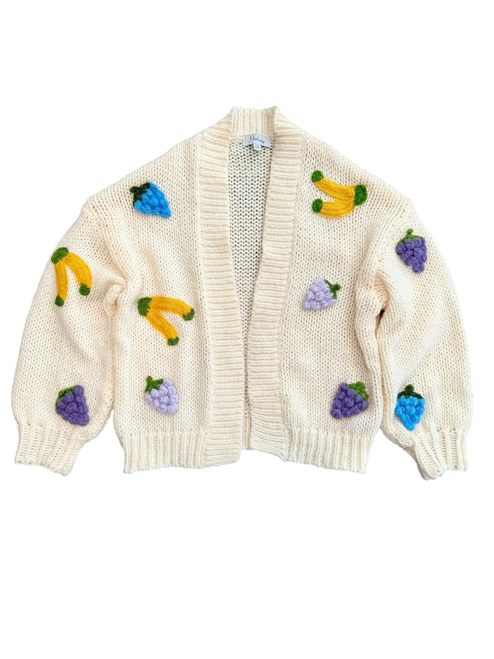 DUCHAMP Cream Knit Cardigan Fruit Bananas Grapes Appliqués Anthropologie onesize